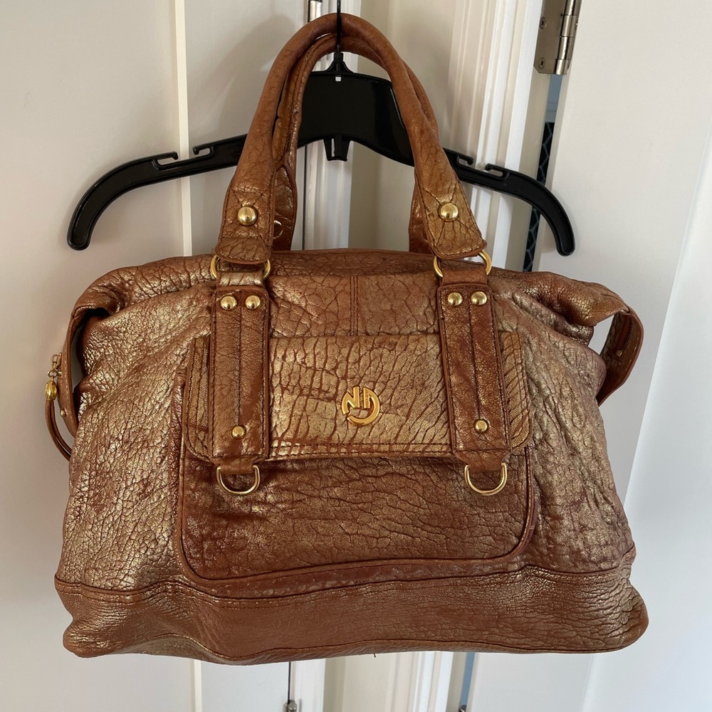 Niki Jodi Vintage Gold Brown Animal Print Embossed Genuine Leather Handbag